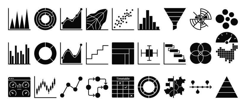 Set of diverse business and financial data visualization icons for analytics, reporting, and strategic planning presentations
