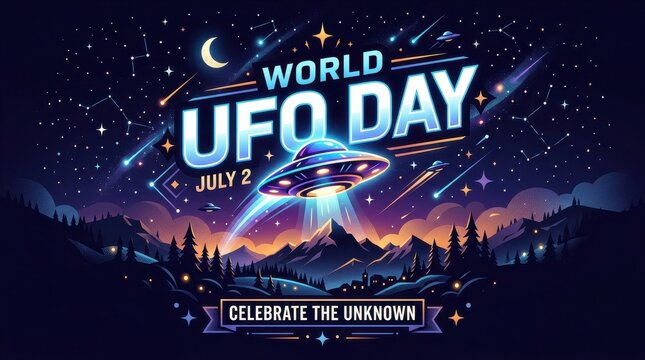 World UFO Day celebration with flying saucer illustration
