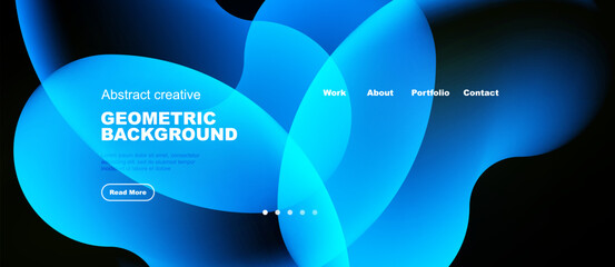 Fototapeta na wymiar Abstract blue shapes create dynamic background. Text highlights geometric design, navigation options present. Modern aesthetic.