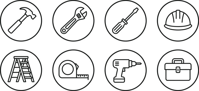 Construction tools icons, toolbox symbols, building equipment signs, 8 circle glyphs