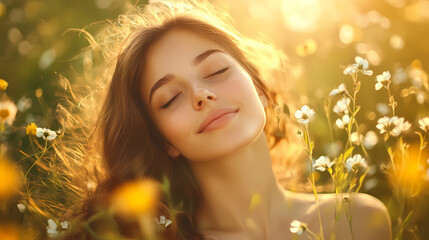 Fototapeta premium Beautiful Woman Relaxing in a Field of Flowers