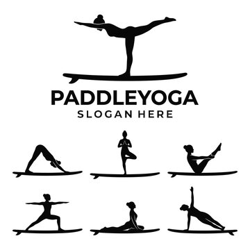 Paddle yoga poses on surfboard silhouettes in various positions and exercises  fitness icon