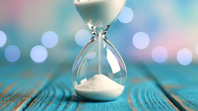 Hourglass with white sand on blue wooden background.