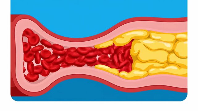 Human artery cross section showing cholesterol plaque and blood.