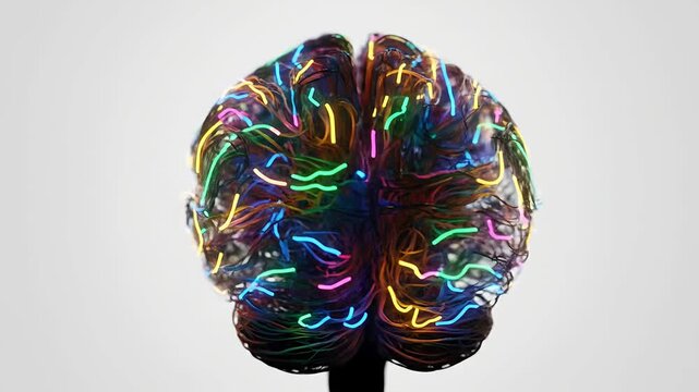 Human brain made of glowing colorful fiber optics.