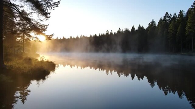 Misty morning sunrise over a calm forest lake with reflections