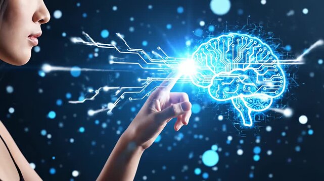 Human finger touching glowing digital brain hologram and particles.