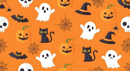 Obraz premium Seamless halloween pattern with ghosts, pumpkins, bats, and spiders