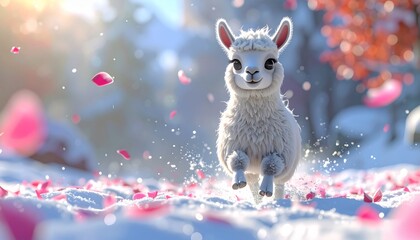 Obraz premium A white llama runs in snowy landscape.