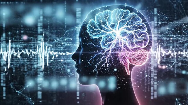 Human profile with glowing brain and data waves.