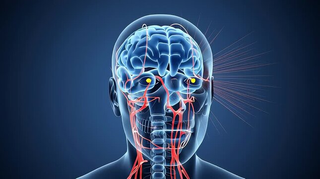 Anatomical  illustration of  of a human head  showcasing  with visible  its intricate Network and transparent Brain Structure from  in front.