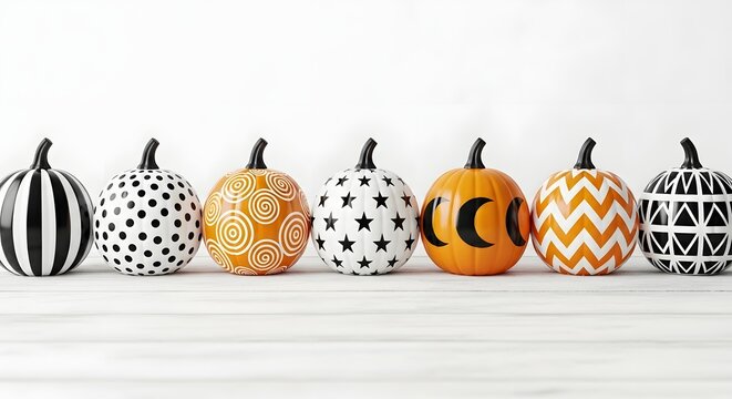 Set of decorative pumpkins with geometric patterns isolated on white background