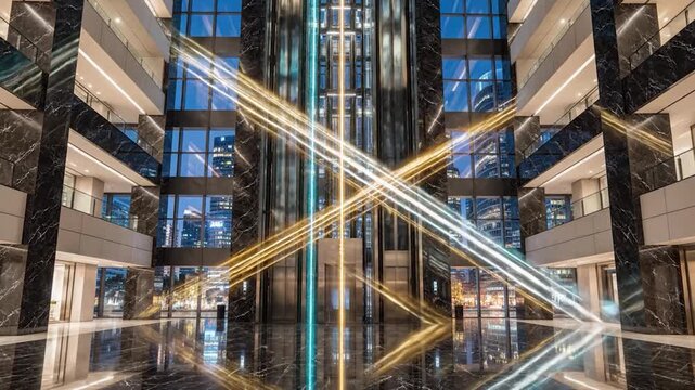 Modern luxury office building lobby with marble pillars and glass elevators