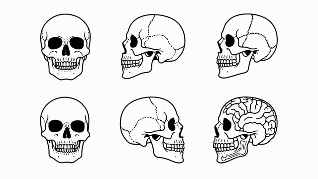Set of human skulls and brain illustration, front and side views