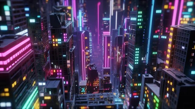 Futuristic cityscape with neon lights at night, aerial crane shot
