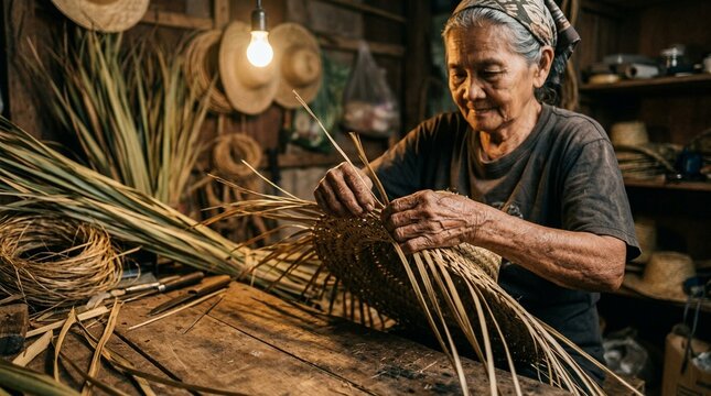 Elderly Artisan Weaving Traditional Palm Leaf Basket in Rustic Workshop