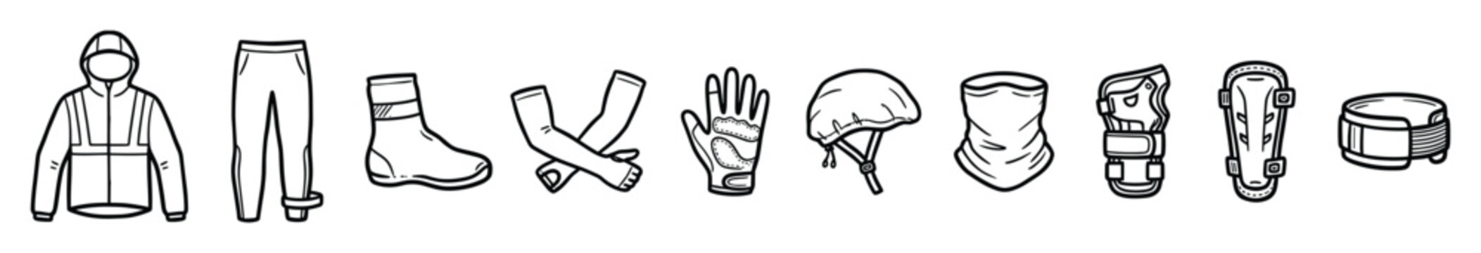 Set of cycling gear and protective equipment for outdoor sports and active lifestyle applications