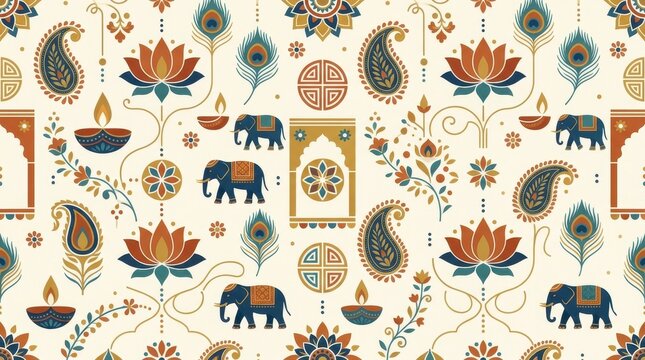 Colorful traditional Indian pattern with elephants and peacocks