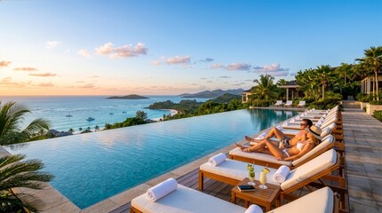 Obraz premium Luxury Infinity Pool at Sunset with a Couple Relaxing on Sunbeds overlooking the Ocean and Tropical Island, Romantic Honeymoon Concept