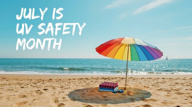 Colorful umbrella on beach during UV Safety Month