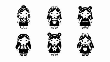 Obraz premium Cute Kawaii Girls Collection: Diverse Hairstyles and Outfits, Black and White