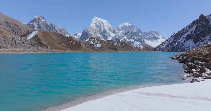 Gokyo Lake, Khumbu Everest Region Nepal static wide shot of the turquoise waters of blue glacial lake with snow-dusted shores and the prominent peaks of Cholatse and Taboche.