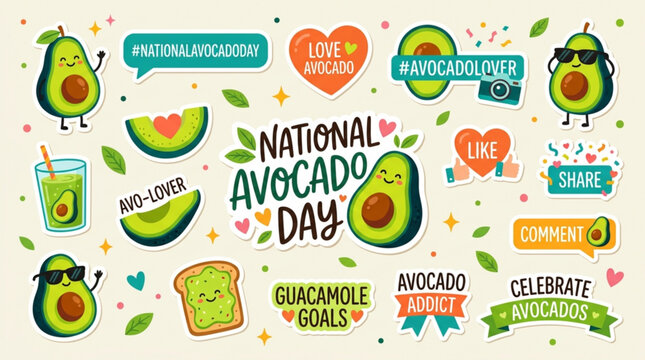 National avocado day stickers and icons for social media