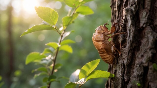 cicada. Empty cicada shell on tree bark with green leaves, symbolic transformation in soft morning light. gardening catalogs, home-decor guides, designed for home decor and floral branding.
