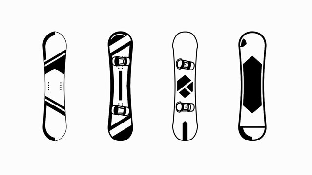 Set of four snowboards with different designs, black and white illustration