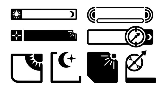 Black and white UI toggle switch vector set for light and dark mode settings. Features sun, moon, star icons, and dashboard gauges for web design