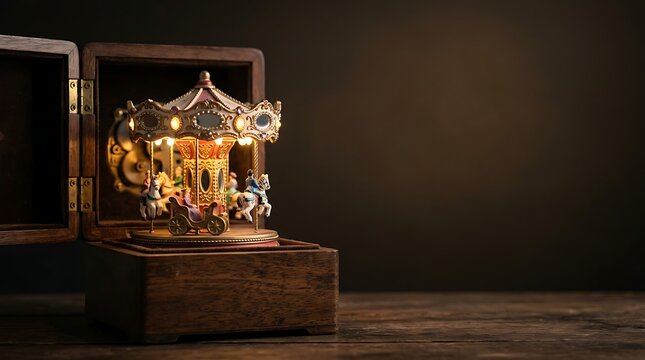 Miniature glowing carousel music box inside a vintage wooden box