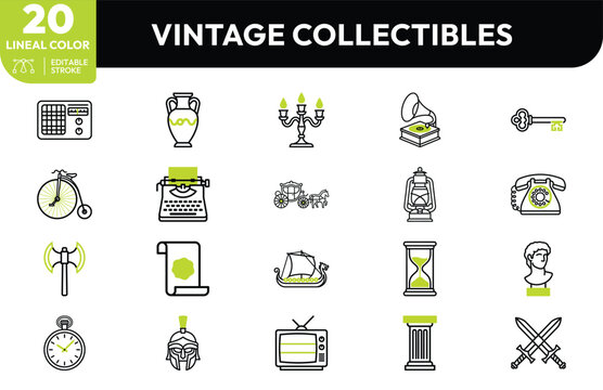 Historical Curiosities icon set. Containing pocket watch, candelabra, gramophone, vintage telephone, typewriter, antique key, hourglass, lantern, bust statue. Editable stroke. Vector illustration.