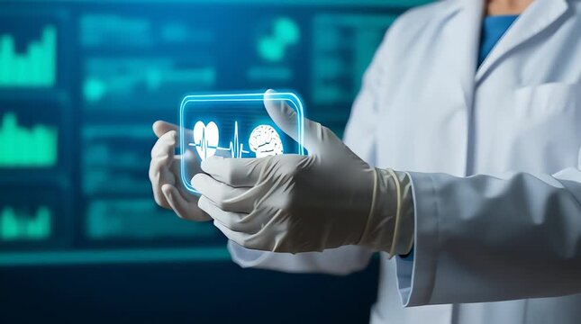 A scientist in a lab coat holds a futuristic holographic animation video of a human brain and body in their gloved hands in front of a screen displaying medical data.