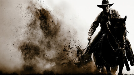 Fototapeta premium Dramatic Cowboy Riding Horse Through Dust Storm in Sepia Tone AI Generative