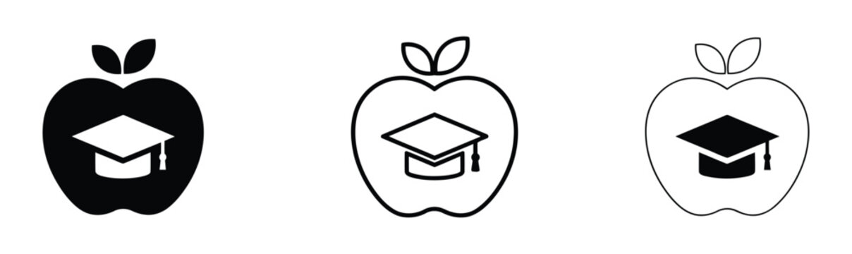 Black and white apple education icons with graduation cap vector illustration. Education icons with graduation cap on apple logo for school or university branding vector illustration.
