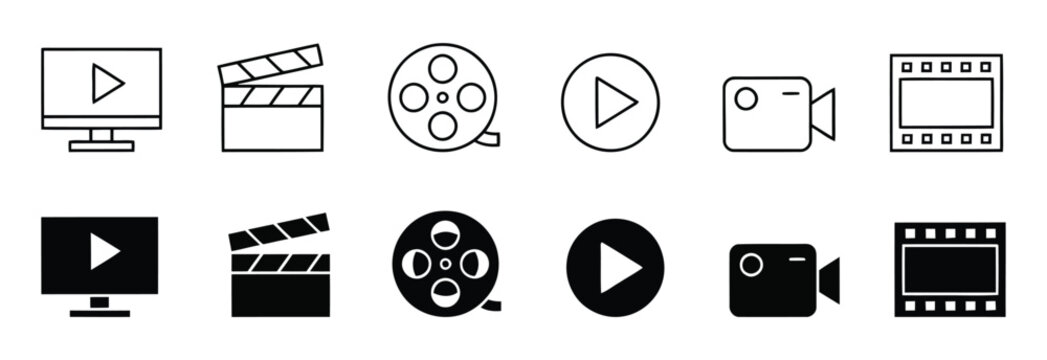 Video icon set. Cinema and movie symbol. Vector illustration. Filmmaking and video production icons camera movie making and cinema flat design.