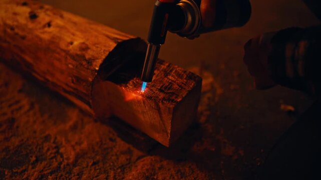 Blowtorch Used To Char Squared-off End Of Wooden Log In Low Warm Lighting. close-up shot, timelapse