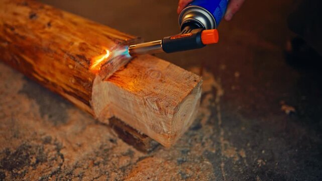Portable Gas Blowtorch Being Used To Treat Wood. Close-up Shot