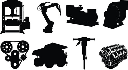 Industrial machinery and heavy equipment silhouette icon set isolated on a clean white background © MdAbdur