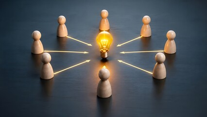 Obraz premium Collaborative Innovation Concept with Wooden Figures Connecting to a Central Glowing Lightbulb Symbolizing Shared Vision