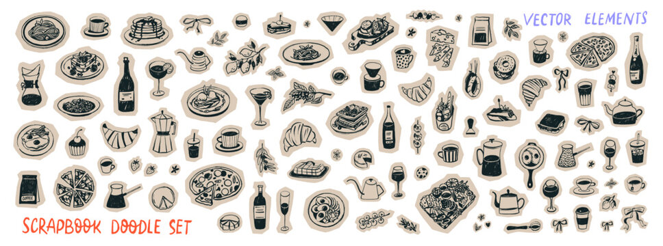Scrapbook Italian brunch food doodle icon collection. Hand drawn crayon doodle Italy illustration. Retro and vintage hand drawn whimsical stickers with tear paper shapes. Clipart vector elements.