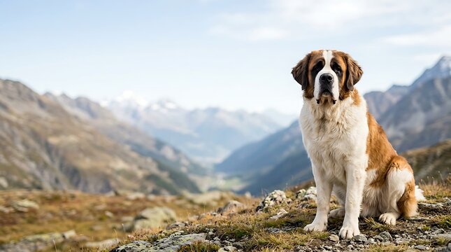 Majestic saint bernard dog sitting in the alpine mountains