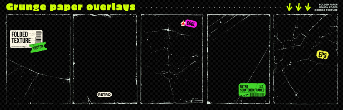 Old scratched paper frames and borders with wrinkles, creases and y2k retro stickers. Hand drawn overlay template texture set for posters, album covers and photo aged effect. Vector grunge frames.