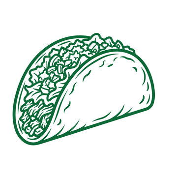 Delicious taco green line of a hard shell taco filled with meat, lettuce, and cheese, mexican food isolated on a white background, for restaurant menu, or culinary branding