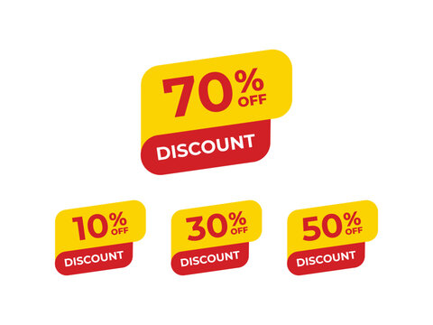 Red yellow discount tag graphics ten thirty fifty seventy percent off signs.