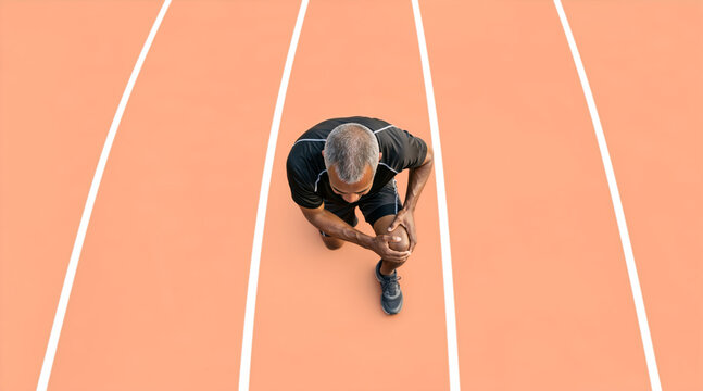 Top view of a mature male runner holding his injured knee on an orange running track. Senior athlete experiencing joint pain or muscle strain during a workout