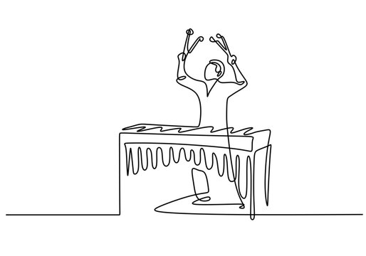 Continuous line drawing depicting a marimba player