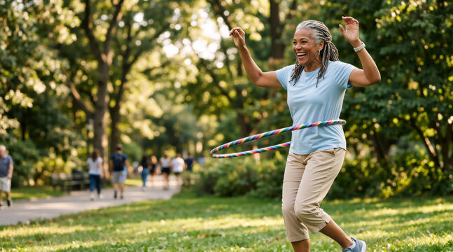 Senior Black woman playing with a colorful hula hoop in a sunny park. Active aging and healthy lifestyle concept. Mature adult exercising outdoors