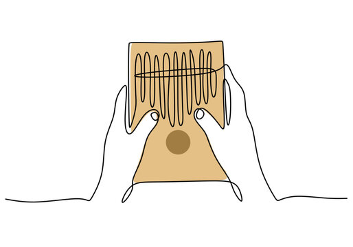 Hands playing mbira instrument continuous line drawing