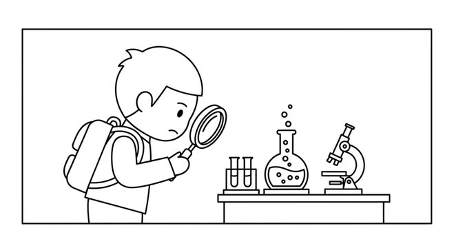 Boy with backpack and magnifying glass explores science lab with microscope and beakers